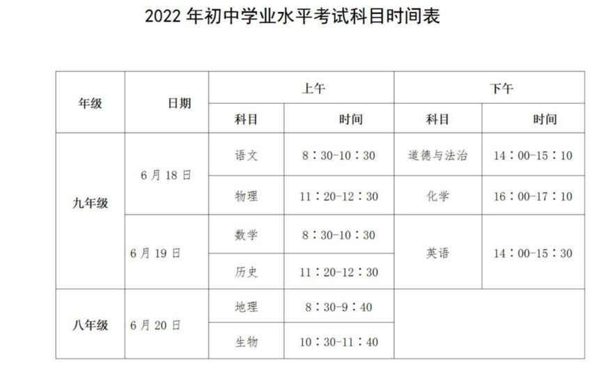 2022年湖南中考时间安排表,湖南中考2022具体时间